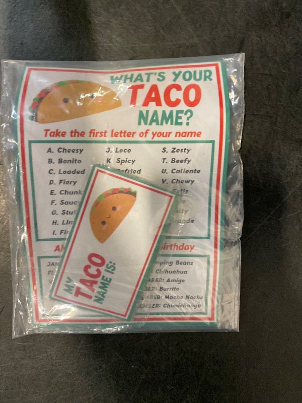 Photo 1 of What is Your Taco Name Game, Taco Birthday Party Game, 1 Taco Name Game Double Sided Sign, 30 Name Stickers, Games for Party Activity Decoration