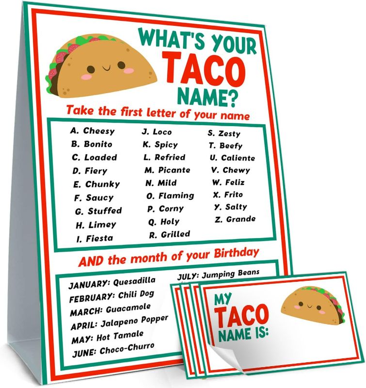 Photo 1 of What is Your Taco Name Game, Taco Birthday Party Game, 1 Taco Name Game Double Sided Sign, 30 Name Stickers, Games for Party Activity Decoration
