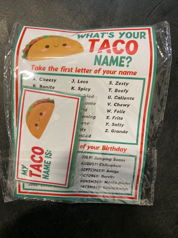 Photo 1 of What is Your Taco Name Game, Taco Birthday Party Game, 1 Taco Name Game Double Sided Sign, 30 Name Stickers, Games for Party Activity Decoration