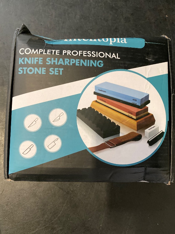 Photo 1 of Intelitopia Complete Knife Sharpening Stone Set – Dual Grit Whetstone 400/1000 3000/8000 Knife Sharpener with Leather Strop, Flattening Stone, Bamboo Base, 3 Non-slip Rubber Bases & Angle Guide