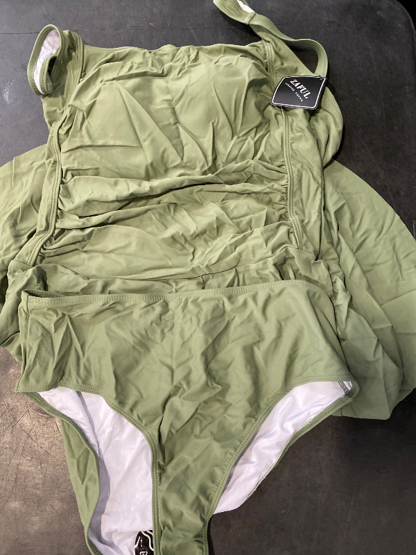 Photo 1 of Size XL ZAFUL Two Piece Swim Dress for Women Tummy Control Square Neck Ruched Swimsuit with Skirt Bathing Suit with Brief 0-Army Green XL