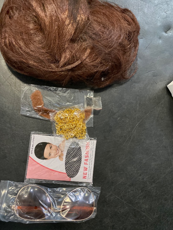 Photo 1 of morvally 5pcs Set 70s 80s Disco Wig with Mustache Glasses and Chain | Short Brown Mens Mullet Wig for 60s Singer Rocker Hippies Costume Cosplay Halloween Party