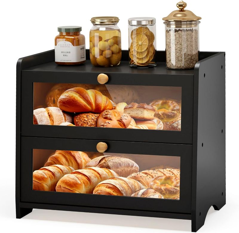 Photo 1 of Double Layer Bread Box for Kitchen Countertop, Large Breadbox Bread with Windows, Wooden Farmhouse Bread Holder (Black)
