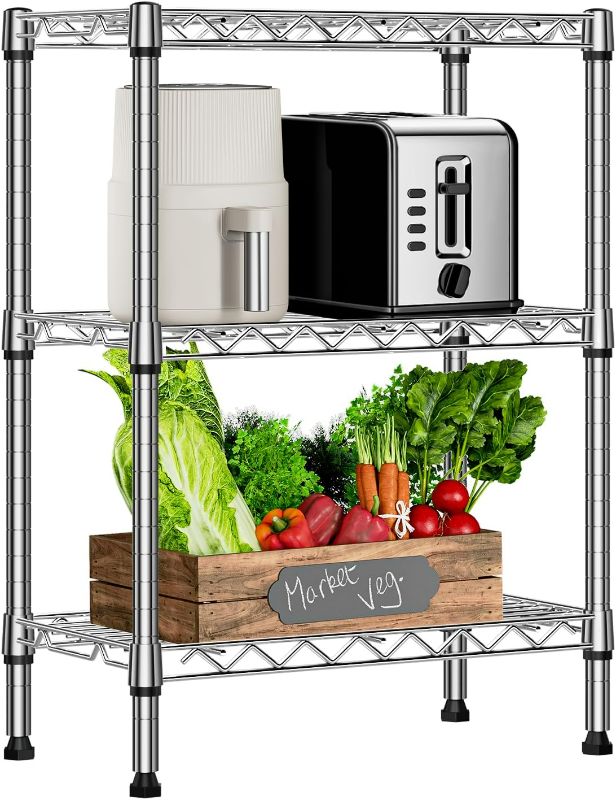 Photo 1 of 750 lbs 3 Tier Shelf Metal Storage Shelves Wire Rack Closet Organizers with PP Board for Garage Kitchen Bathroom Laundry Chrome 11.8" D x 21.7" W x 28.6" H