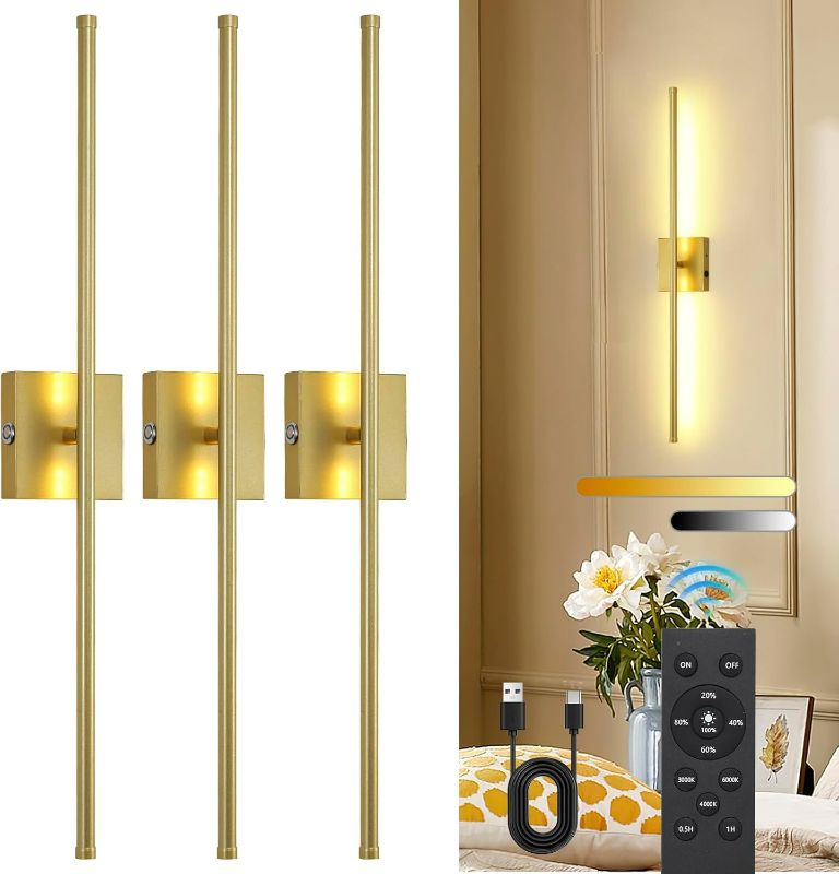 Photo 1 of Battery Operated Wall Sconces with Remote Control (3 PCS), USB Rechargeable Wall Lights 3 Colors Dimmable, 350° Rotate LED Wireless Wall Lights for Bedroom Hallway, Gold, 28.3 Inch