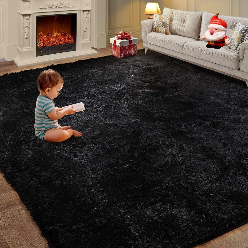 Photo 1 of 8x10 Feet Shag Area Rugs, Large Shag Fluffy Bedroom Carpet, Soft Rugs for Nursery, Furry Rugs for Girls Boys Kids Room, Extra Large Fuzzy Rug, Shag Carpet, Black