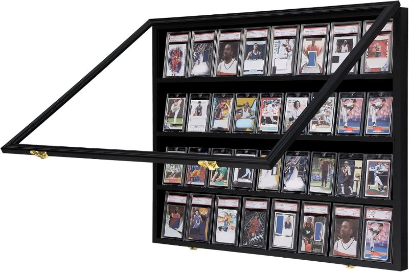 Photo 1 of VERANI 36 Baseball Card Display Case - Graded Sports Card Display Frame - Holds Sport Cards with UV Protection Clear View Lockable Wall Cabinet for Football Basketball Hockey Trading Card Large Black