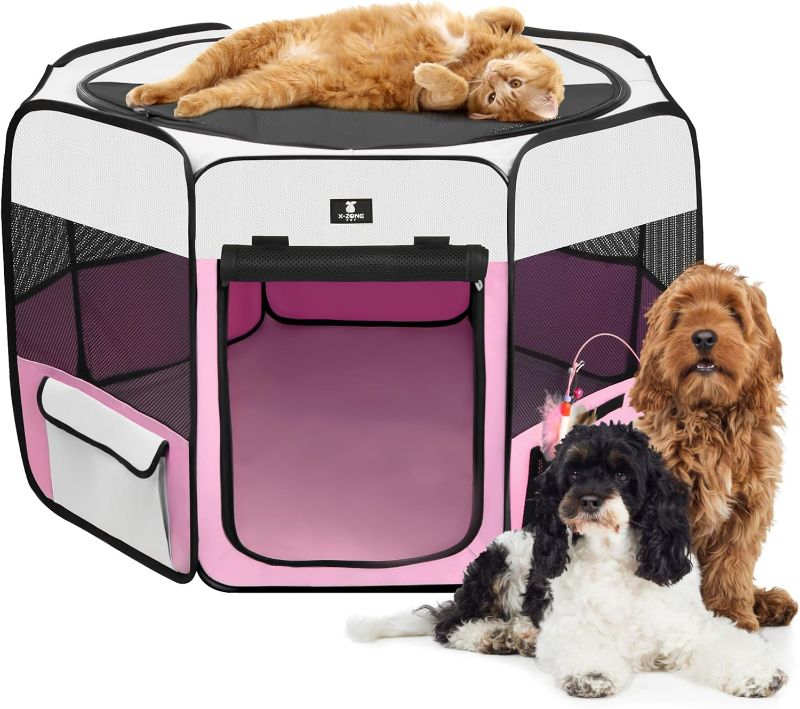 Photo 1 of X-ZONE PET Dog Playpen Portable Pet Play Pens for Puppies, Cat, Rabbit, Chicks, Foldable Exercise Play Tent Kennel Crate, Indoor/Outdoor Travel Camping Pink Small