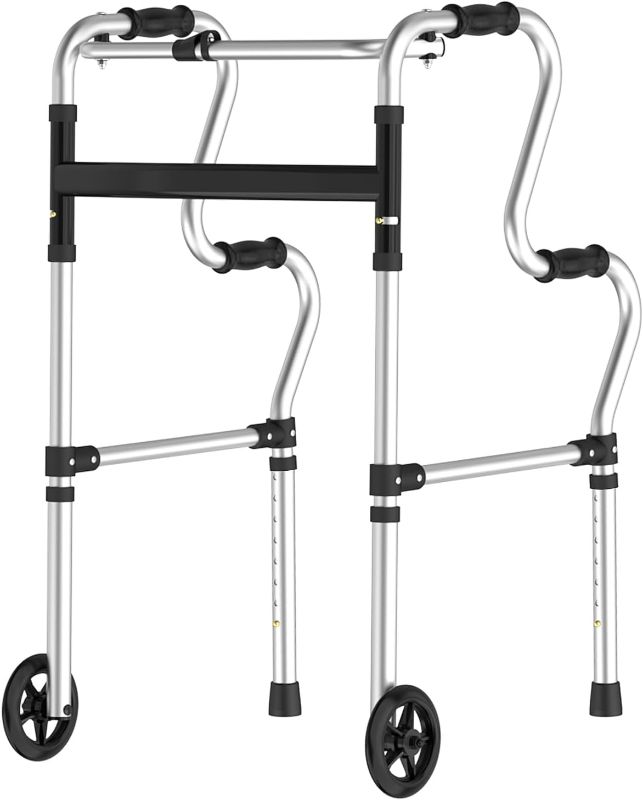 Photo 1 of Walkers for Seniors, Folding Walker, Narrow Walkers for Small Spaces, Standard Walker Height Adjustable, Front Wheeled Rolling Walker, Upright Mobility Aid for Seniors and Handicap, Up to 300 Pounds
