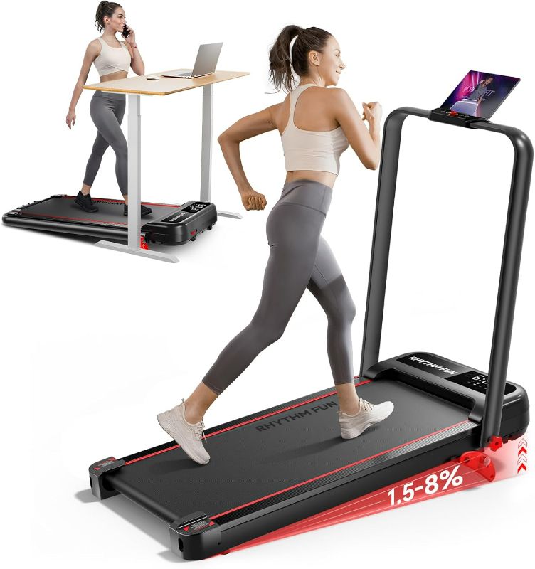 Photo 1 of RHYTHM FUN Incline Foldable Treadmill, Walking Pad Treadmill with Incline, 300 lbs Portable Treadmills with Handles for Home Office Use, Under Desk Compact Walking Pad