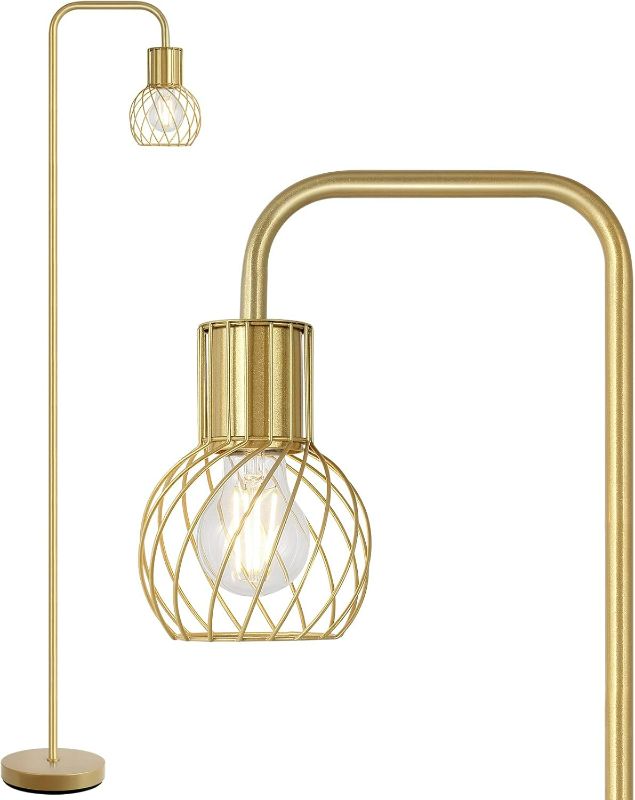 Photo 1 of Brass Gold Standing Floor Lamp for Living Room - Modern Industrial Design with 6W LED Bulb, Foot Switch, Metal Tall Stand, Minimalist Farmhouse Boho Style for Bedroom & Office