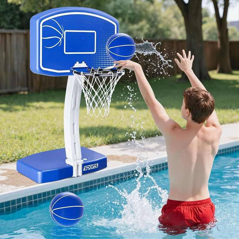Photo 1 of Large Pool Basketball Hoop Poolside, Swimming Pool Basketball Game for Inground Pools, Water Basketball for Pool with 2 Balls and Pump, Summer Outdoor Toys for Kids Teens Adults