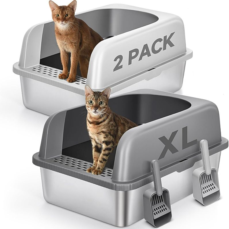Photo 1 of 2 Pack Stainless Steel Cat Litter Box with Lid, XL Extra Large Metal Box for Big Cats, 24" L x 16" W x 12" H, Enclosed Litter Box High Sided, Non-Sticky, Include Litter Scoop