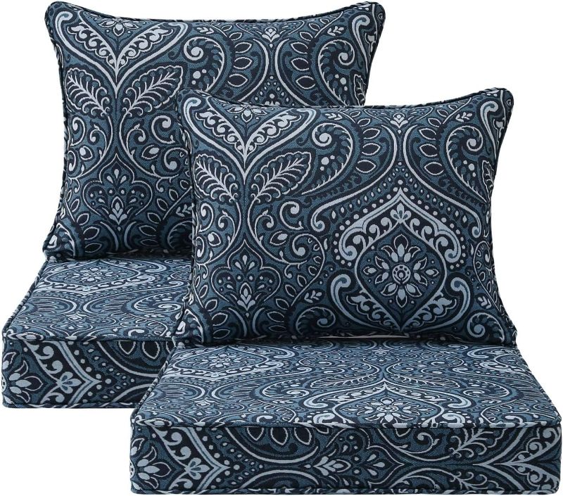 Photo 1 of Outdoor Patio Chair Cushions Set, 22" x 22", Set of 2, Water-Repellent, Fade Resistant, Deep Seat Bottom and Back Cushion for Backyard, Couch, Sofa and Patio Furniture, Damask Blue Flower