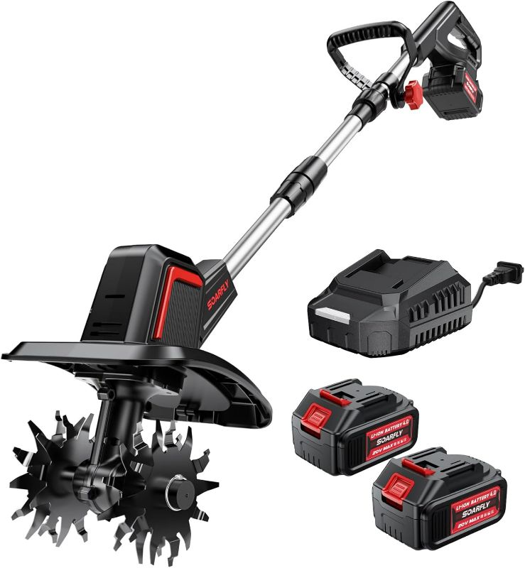 Photo 1 of Cordless Electric Tiller for Gardening, Total 8.0Ah Battery Powered Mini Cultivator with 2×4.0AH Batteries & Charger, 9" Width, 6.6" Depth, 48 Steel Tines Rototiller for Soil Cultivation