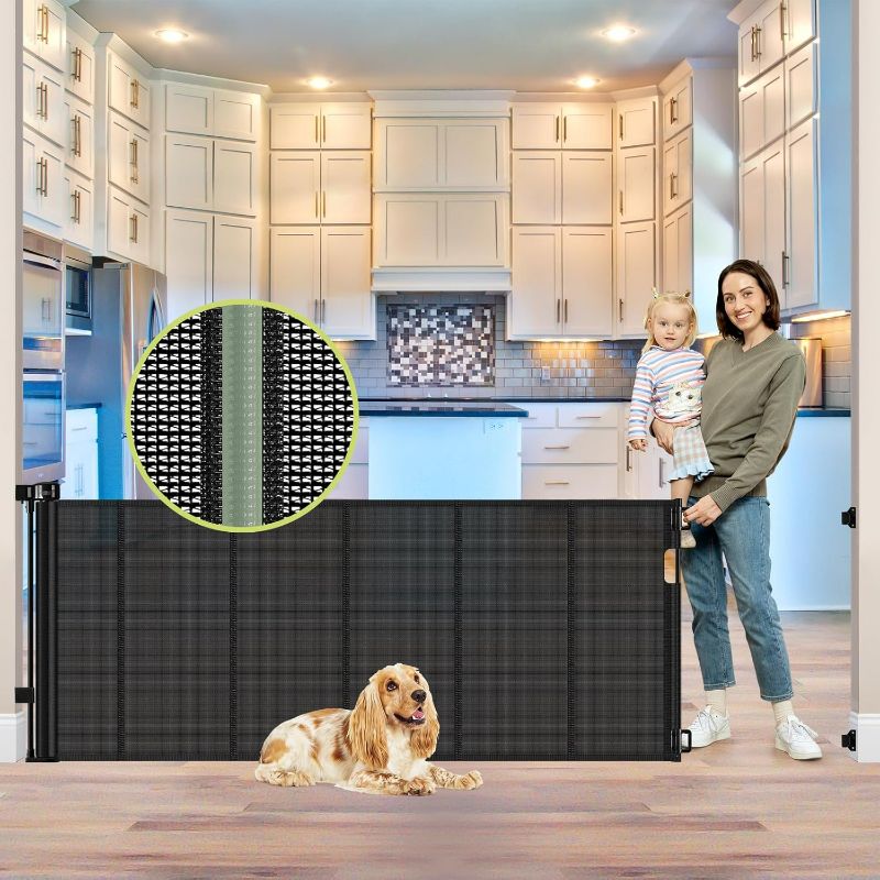 Photo 1 of Reinforcement Strip Design 80 Inch Retractable Baby Gates Extra Wide Baby Gates for Large Openings Retractable Dog Gate for Doorway Mesh Dog Gate Indoor Prevent Babies/Pets from Crawling Under, Black
