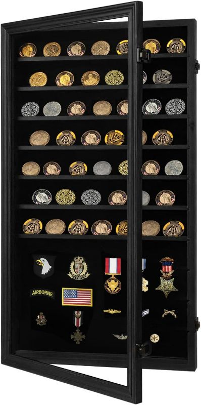 Photo 1 of Jinchuan Military Challenge Coin Display Case Lockable Cabinet Holder Shadow Box with Removable 2 Grooves Shelves and Anti Fade Acrylic Glass Door for Casino Poker Chips Collectibles ExtraLarge-Black