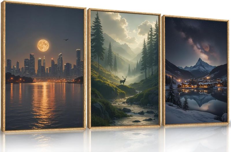 Photo 1 of Large Modern City Moon Framed Canvas Wall Art,Forest Misty Wall Decor,Winter Town Night Wall Painting,Nature Landscape Picture Artwork for Living Room,Bedroom,Dining Room,Office -16"x24"x3