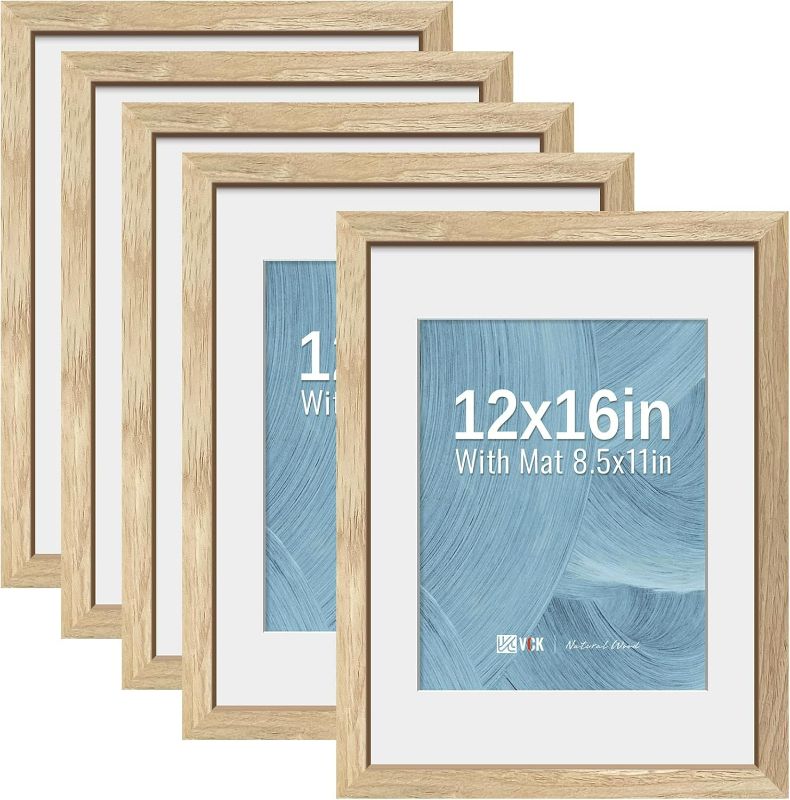 Photo 1 of VCK 12x16 Picture Frame 5 Pack - Natural Wood Grain, High-End Wood Poster Frames with Tempered Glass, Display 8.5x11 Photo with Mat or 12x16 without Mat, Art Gallery-Quality, Wall Hanging, Natural