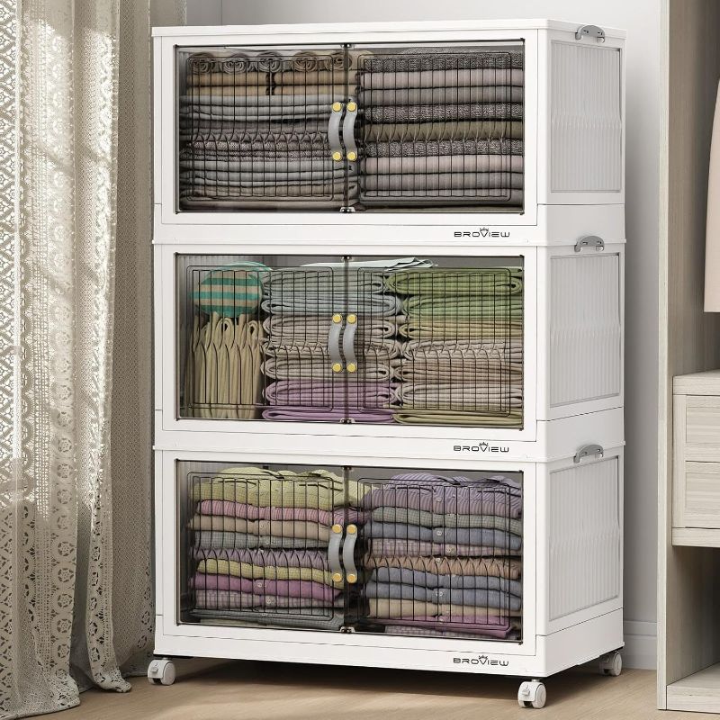 Photo 1 of 360Qt Stackable Storage Bins with Lid, Extra Large Closet Organizer Collapsible Drawer Boxes with Wheels, Folding Plastic Cabinet Containers for Home Kitchen Room Organization, 3Pack White