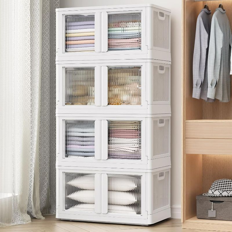 Photo 1 of 400QT Plastic Storage Bins With Lids, 100Gal Stackable Boxes With Wheels and Doors, Folding Closet Organizers, Cabinet for Closet Home Dorm, 4 Pack White