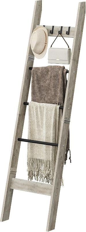 Photo 1 of Blanket Ladder for Living Room, Decorative Quilt Rack with 4 Removable Hooks, 5-Tier Farmhouse Ladder Holder Shelf Organizer for Bedroom, Greige and Black BR02105B
