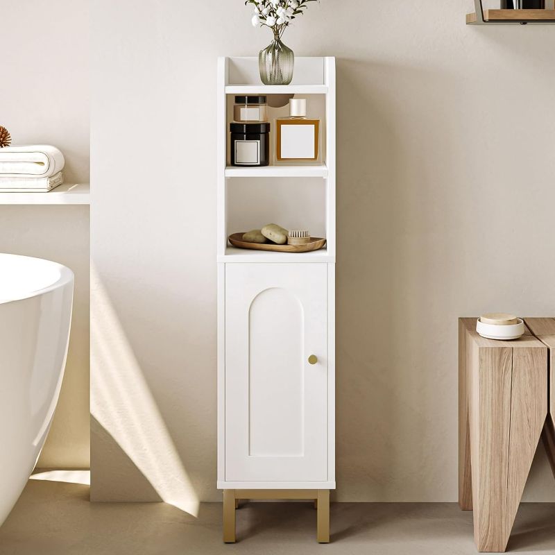 Photo 1 of Bathroom Storage Cabinet, Small Corner Floor Cabinet with Door and Shelves, Narrow Toilet Paper Holder, Bathroom Organizer with Adjustable Shelf, for Small Spaces, White BC08203X