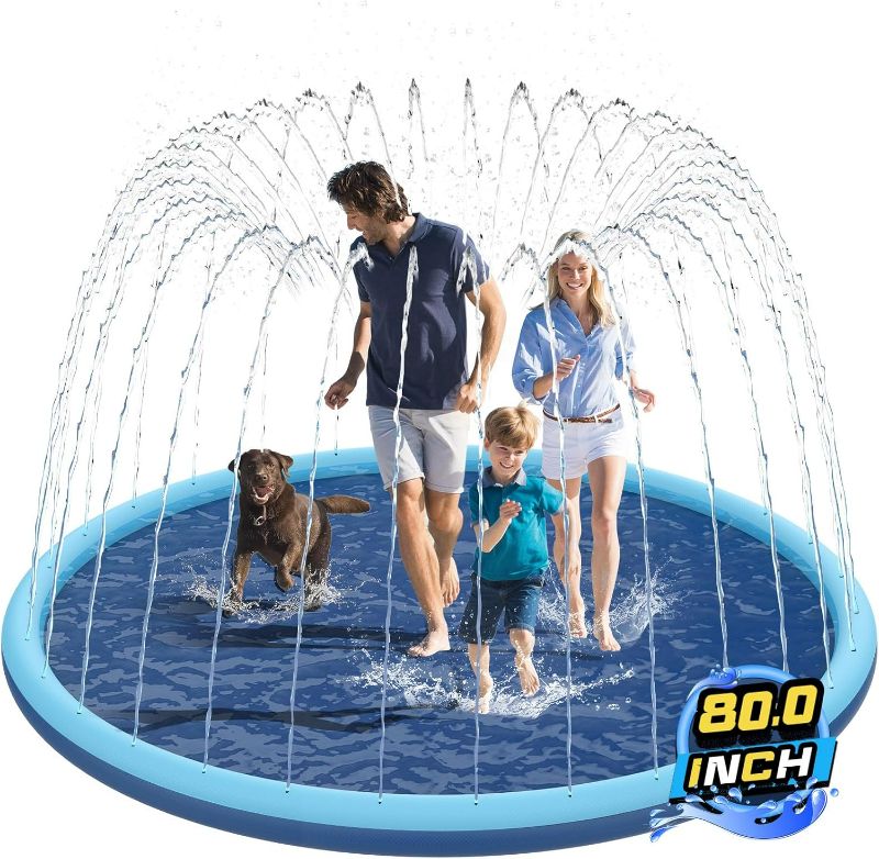 Photo 1 of Non-Slip Splash Pad for Kids and Dog, 80" Extra Large Baby Play Mat, Dog Pool Toys, Thicken Sprinkler Pool Summer Outdoor Water Toys for Ages 3-12 Boys Girls, Parent-Kids &Games Fun Backyard (Blue)