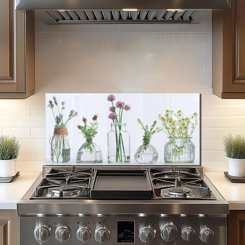 Photo 1 of Tempered Glass Backsplash For Kitchen Behind Stove,Flower Bottle Stove Back Top Cover,Easy to Clean Glass Splashback, Sink Cover Splash Guard,Home Kitchen Wall Decor (30"x14"(76.2x35.56cm))