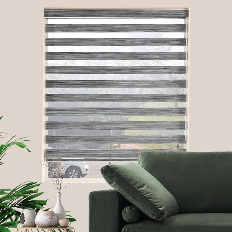 Photo 1 of Zebra Blinds for Windows, Free-Stop Zebra Shades, Dual Layer Light Filtering Sheer Blinds for Indoor Windows, Roller Window Shades for Privacy (28" W X 72" H, Grey)
