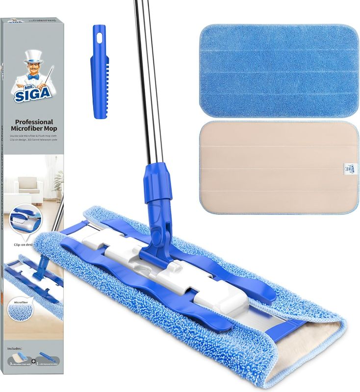 Photo 1 of MR.SIGA Professional Microfiber Mop for Hardwood, Laminate, Tile Floor Cleaning, Stainless Steel Telescopic Handle - 3 Reusable Flat Mop Refills and 1 Dirt Removal Scrubber Included