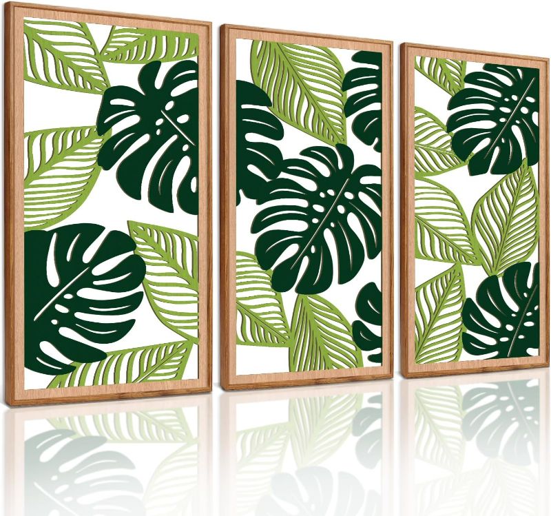 Photo 1 of TOARTi 3PCS Framed Tropical Green Leaf Wooden Wall Art Set(16x32 inches), Botanical Palm Leaves Wall Sculptures, 3D Hollow Abstract Nature Wall Decor for Home Bedroom Living Room