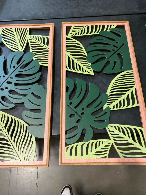 Photo 1 of TOARTi 3PCS Framed Tropical Green Leaf Wooden Wall Art Set(16x32 inches), Botanical Palm Leaves Wall Sculptures, 3D Hollow Abstract Nature Wall Decor for Home Bedroom Living Room