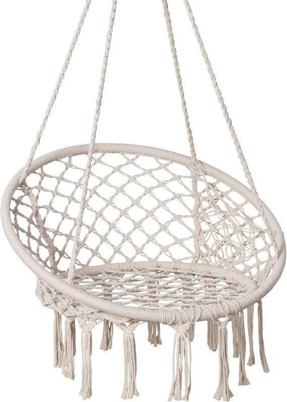 Photo 1 of SUNCREAT Hammock Chair Macrame Swing with Side Pocket, Hanging Cotton Rope Hammock Swing Chair for Indoor and Outdoor Use, 330 lbs Capacity, Beige