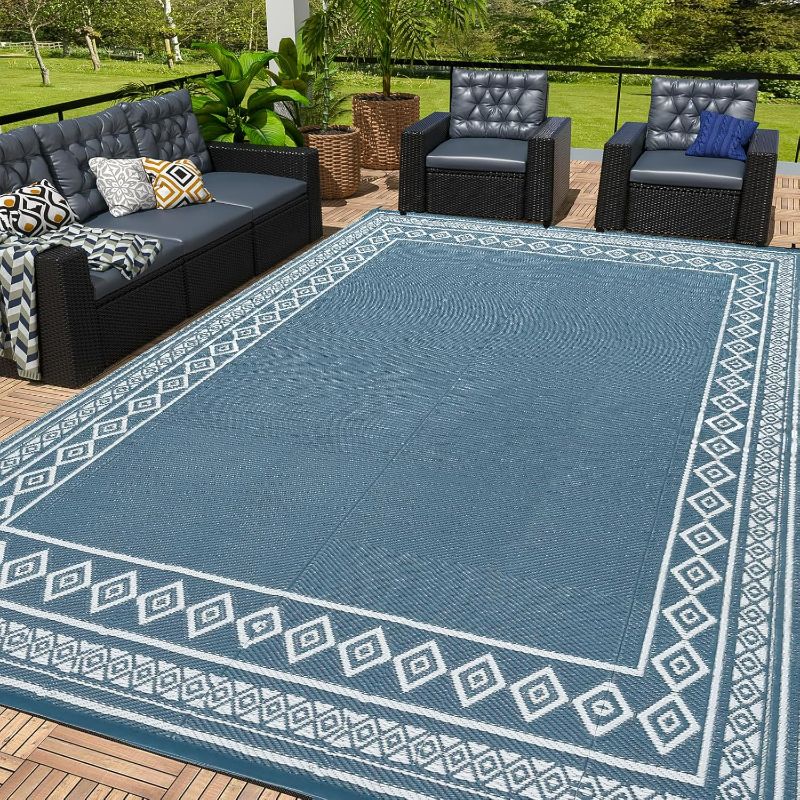 Photo 1 of OPPODREAM Outdoor Rug 8x10 Patio Waterproof, Large Outdoor Plastic Straw Rug, Reversible Out Door Carpet for Camping, Deck, Rv, 8 x 10 Area Carpet for Balcony, Porch, Backyard, White & Navy Blue