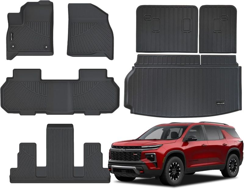 Photo 1 of Floor Mats & Trunk Mat for All-New 2024 2025 Chevrolet/Chevy Traverse (7 Seats) with Backrest Mat All Weather Protection TPE Rubber Full Set Floor Liners Automotive Accessories, Black