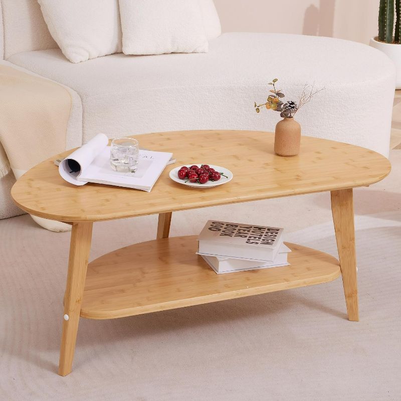 Photo 1 of Mid-Century Modern Coffee Table for Living Room, 100% Solid Wood Oval Coffee Table, 2 Tier Wooden Coffee Tables for Home Office Livingroom, 40.2 x 22 Inches Easy Assemble (Natural)