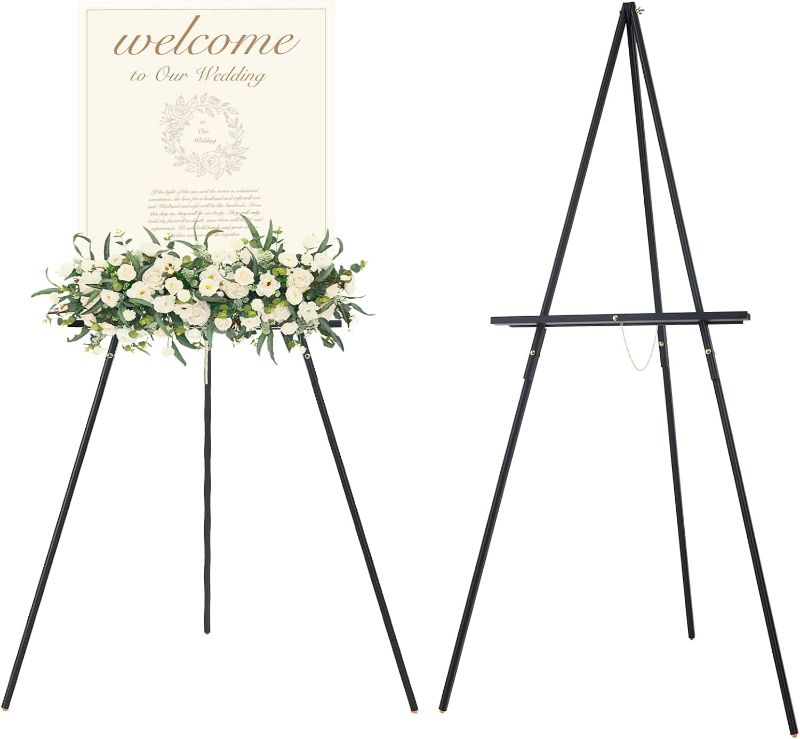 Photo 1 of MEEDEN Wooden Easel Stand for Display: Black Wood Tripod for Wedding Sign - Poster Board Holder for Welcome Picture