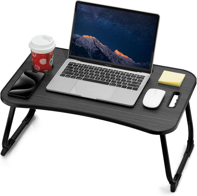Photo 1 of Laptop Bed Desk, Foldable Lap Table, Portable Study Table, Laptop Stand with Cup Holder & Tablet Slot & Lifting Handle for Working Writing Drawing & Eating - Black