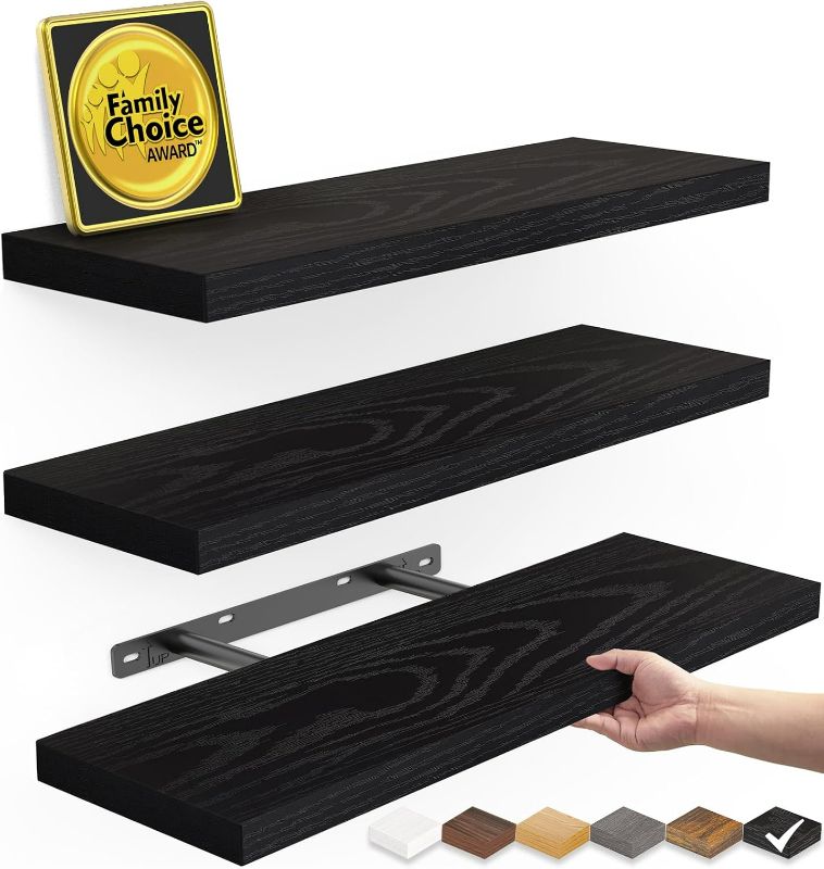 Photo 1 of BAYKA Floating Shelves for Wall, Wall Mounted Rustic Wood Shelves for Bathroom, Bedroom, Living Room, Kitchen, Hanging Shelf for Books/Storage/Room Decor with 22lbs Capacity (Black, Set of 3, 15.7in).0