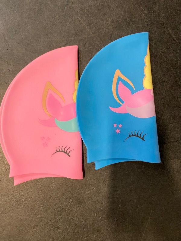 Photo 1 of 2 pcs Kids Swim Cap Silicone Swimming Cap for Boys Girls (Age 3-12) Cover Ears Waterproof Bathing Cap Keep Hair Dry Swimming Hat for Hair