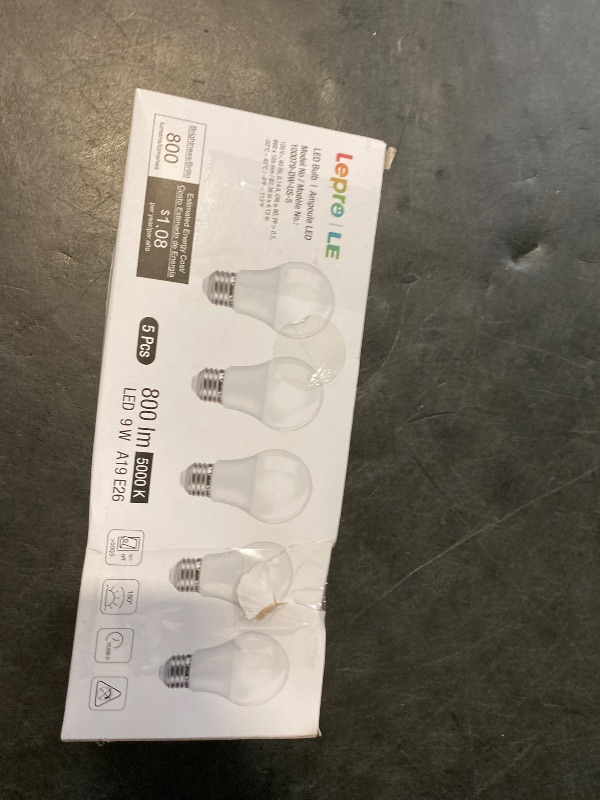 Photo 1 of LE LED Light Bulbs 60 Watt Equivalent, 9W 800 Lumens Non-Dimmable, Daylight White 5000K, A19 E26 Standard Medium Base, 10000 Hour Lifetime 5 Count (Pack of 1)
