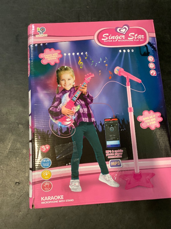 Photo 1 of TAKIHON Guitar and Microphone Set for Kids,Guitar Toys with Music&Colorful Light,Adjustable Height Microphone with Stand,Karaoke Toys Gift for Boy,Girls,Toddlers(Red)-Upgraded