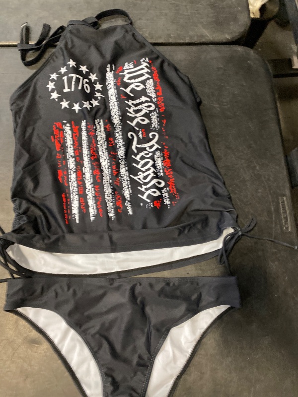 Photo 1 of Size XL Womens We are People American Flag Halter Tankini Set 4th of July Two-Piece Tankini Set Funny Drawstring Patriotic Graphic Swimwear(XL,Black-3)