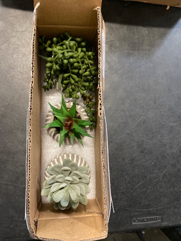 Photo 1 of Winlyn 3 Pack Artificial Succulent Plants in Gray Geometric Concrete Pots Fake Aloe Echeveria String of Pearls Succulents Mini Faux Potted Plant for Desk Table Shelf Home Office Bathroom Decor