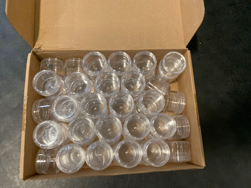 Photo 1 of Boao 50 Pieces Empty Clear Plastic Pot Jars with Lids Round Sample Containers Mini Travel Jars for Storage of Ear Studs Ear Ring(30 ml/30g)