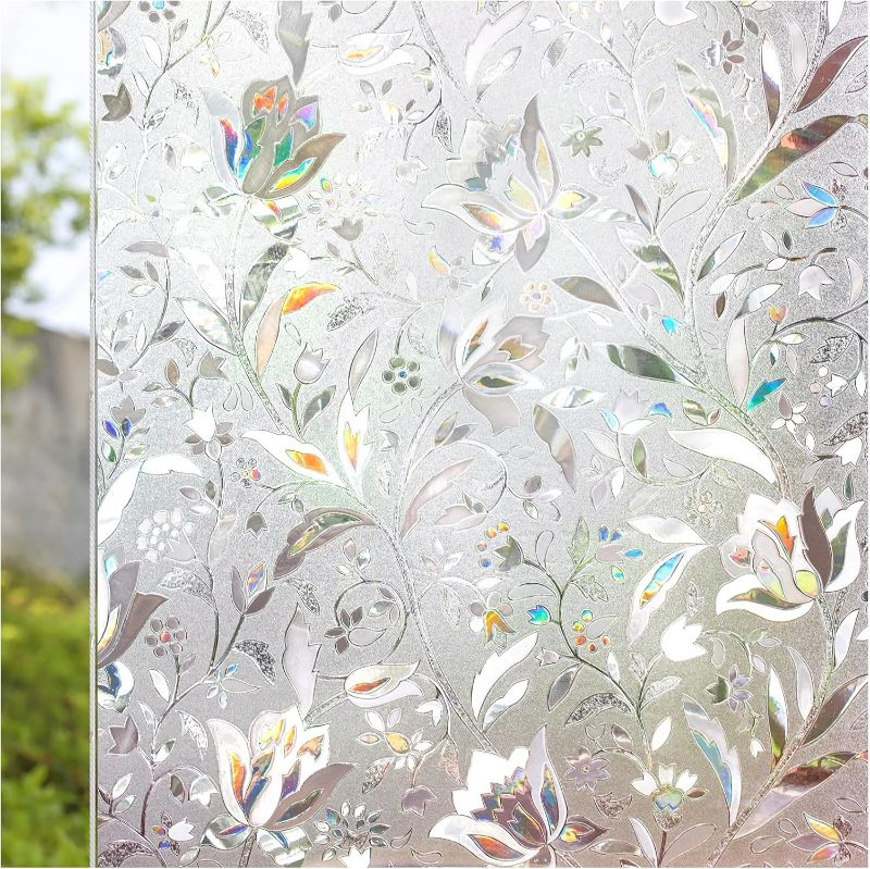 Photo 1 of CottonColors Window Privacy Film 35"x78", 3D Rainbow Window Film Decorative Window Film Heat Blocking Static Cling Non-Adhesive Window Clings for Glass