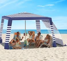 Photo 1 of MoKo 8'x 8' Beach Cabana, UPF 50+ Portable Beach Umbrella Canopy Tent Shelter with 4 Sand Pockets, Navy Stripes