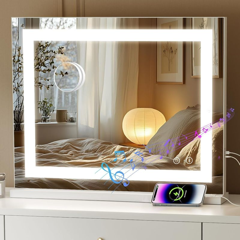 Photo 1 of Fenair Vanity Mirror with Lights and Bluetooth Speaker 22.8* 18.1’ Hollywood Mirror with Crystal Light Strip Makeup Mirror, 3 Color LED Mirror USB Charging Port, 10X Magnification, Smart Touch, White