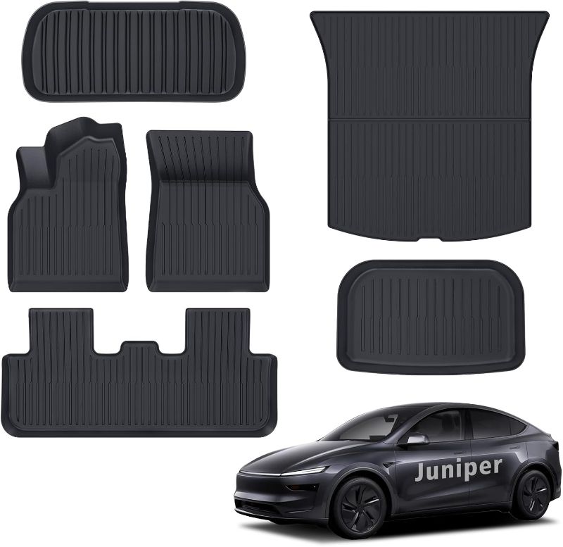 Photo 1 of Floor Mats & Cargo Liner Custom Fit for Tesla New Model Y Juniper 2025 2026 5-Seat All Weather TPE 6 Piece Set with Front Trunk and Rear Cargo Mat, Black (ONLY for Tesla Model Y Juniper)
